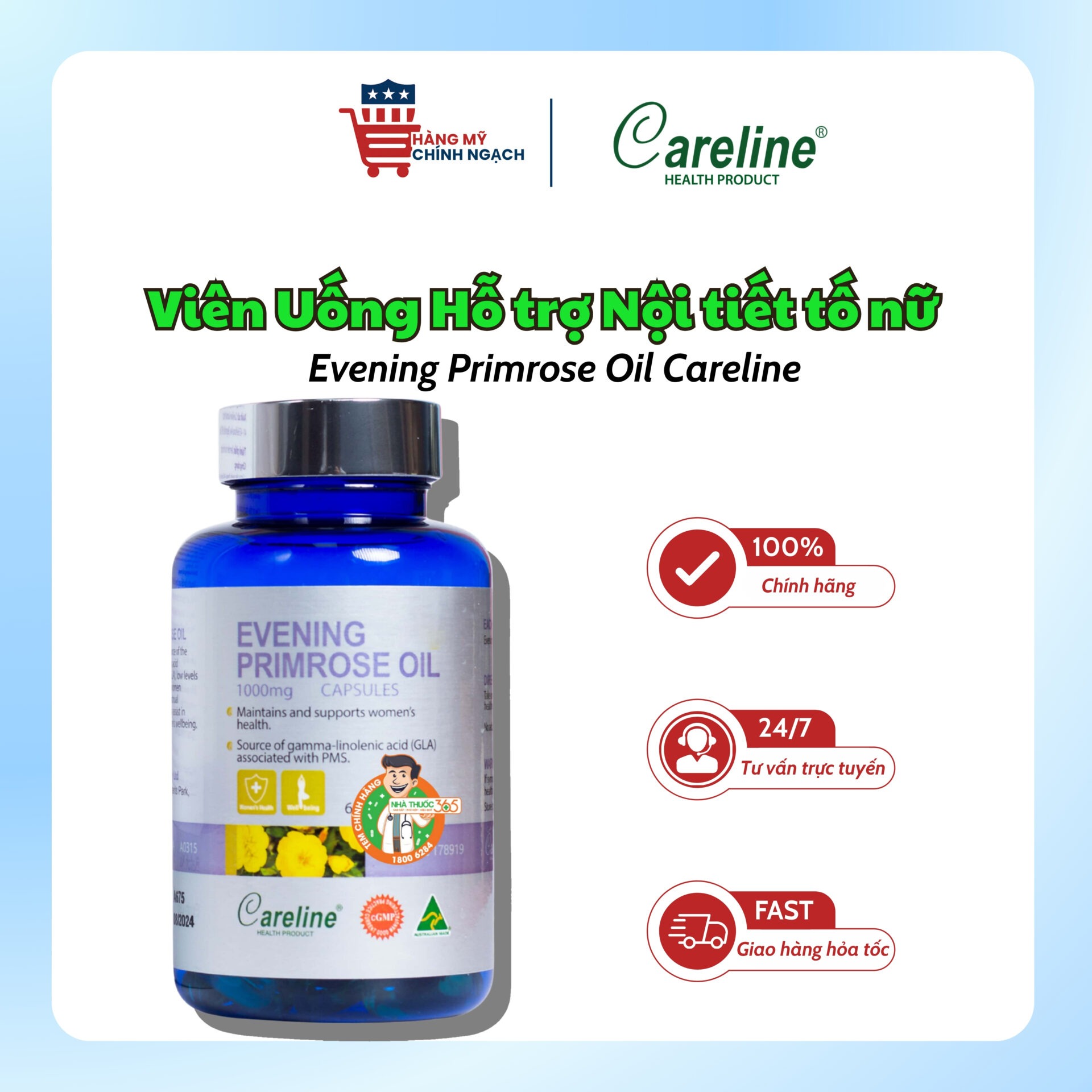 Viên Uống Hỗ Trợ Cân Bằng Nội Tiết Tố Careline Evening Primrose Oil (60 Viên)