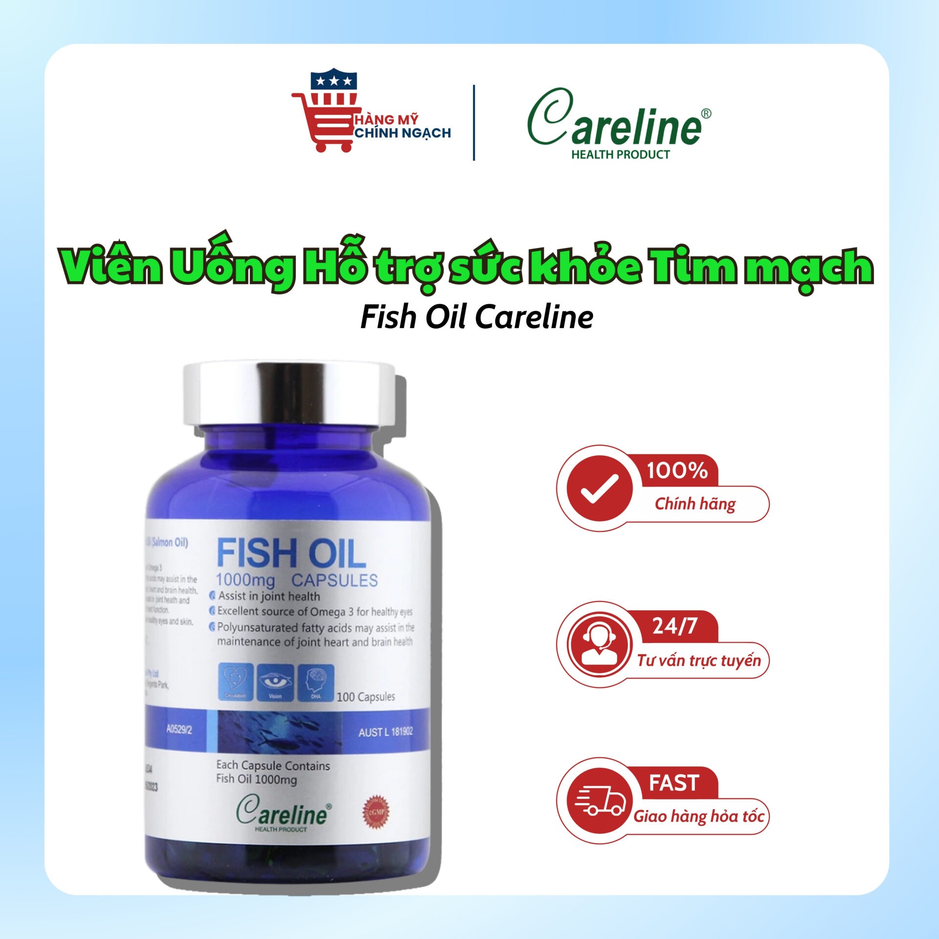 Viên Uống Dầu Cá Hồi Tăng Cường Tim Mạch, Trí Não Fish Oil Careline (100 Viên)