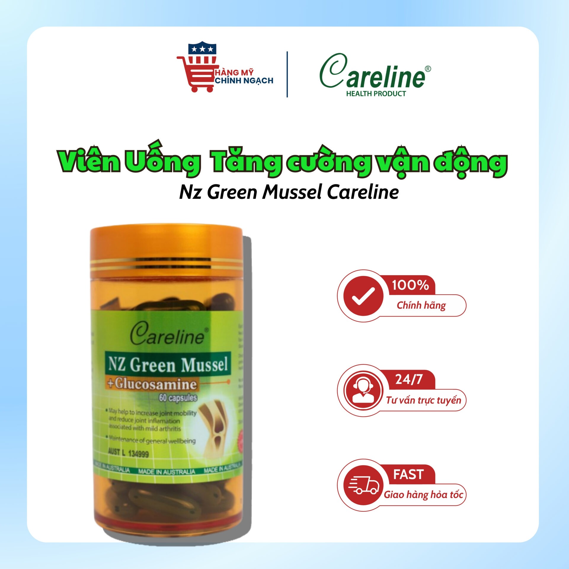 Viên Uống Bổ Khớp Tăng Cường Vận Động Careline Nz Green Mussel (60 Viên)