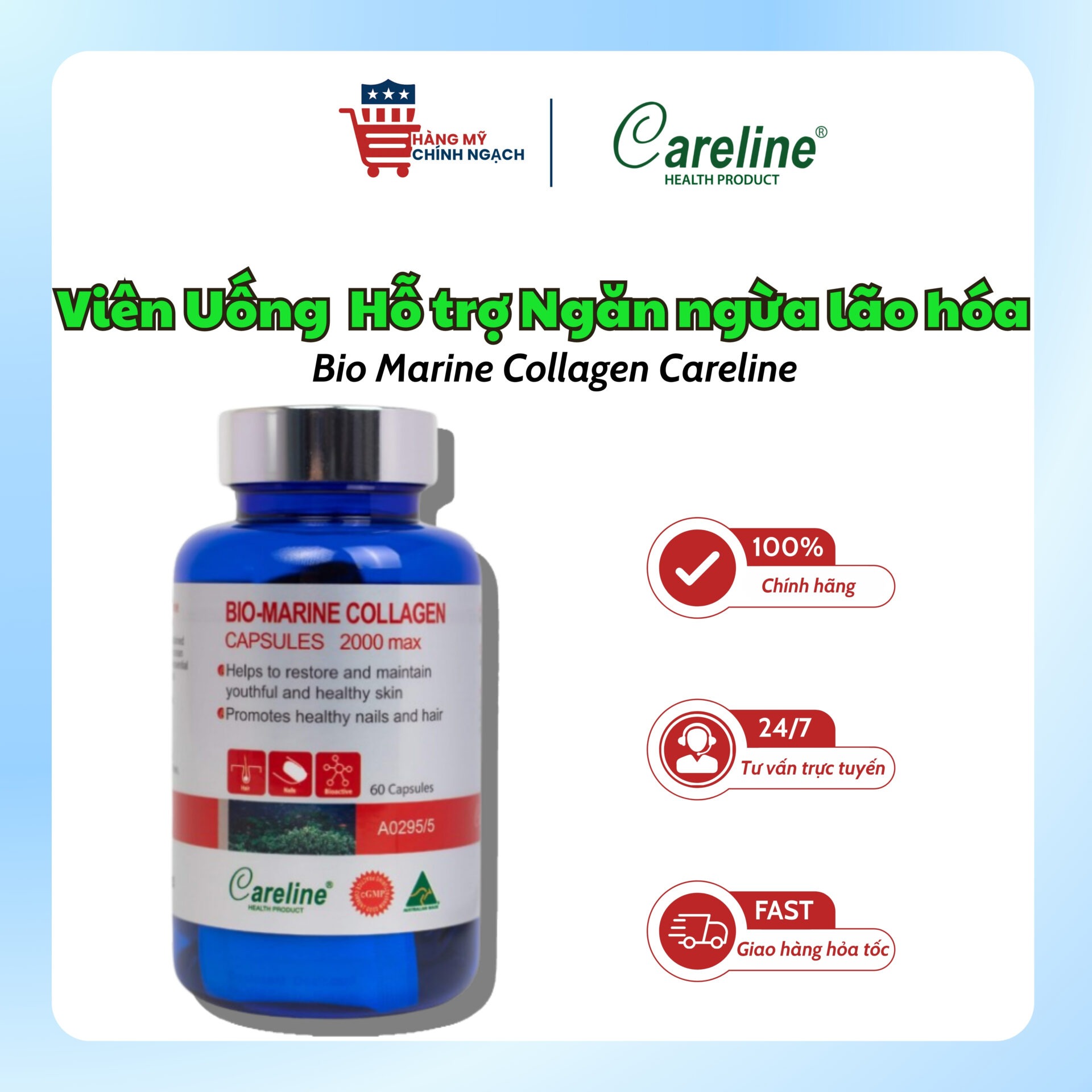 Viên Uống Collagen Hỗ Trợ Ngăn Ngừa Lão Hóa Careline Bio Marine Collagen (60 Viên)