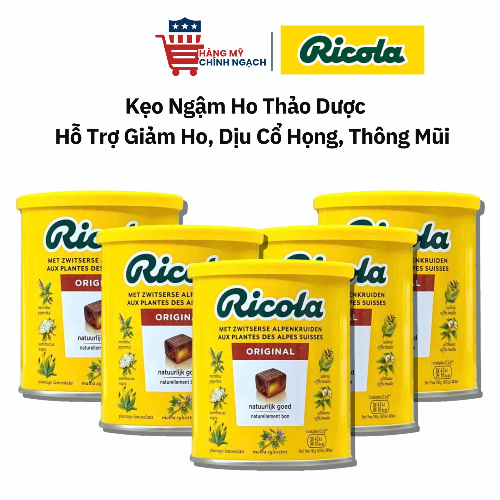 Kẹo Ngậm Ho Thảo Dược Ricola Đức 250g - Hỗ Trợ Giảm Ho, Dịu Cổ Họng, Thông Mũi