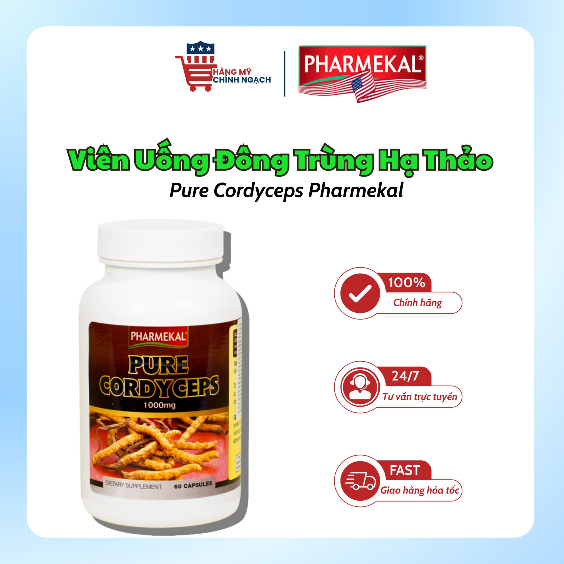Viên Uống Đông Trùng Hạ Thảo Hỗ Trợ Tăng Cường Sức Đề Kháng Pure Cordyceps Pharmekal (60 Viên)