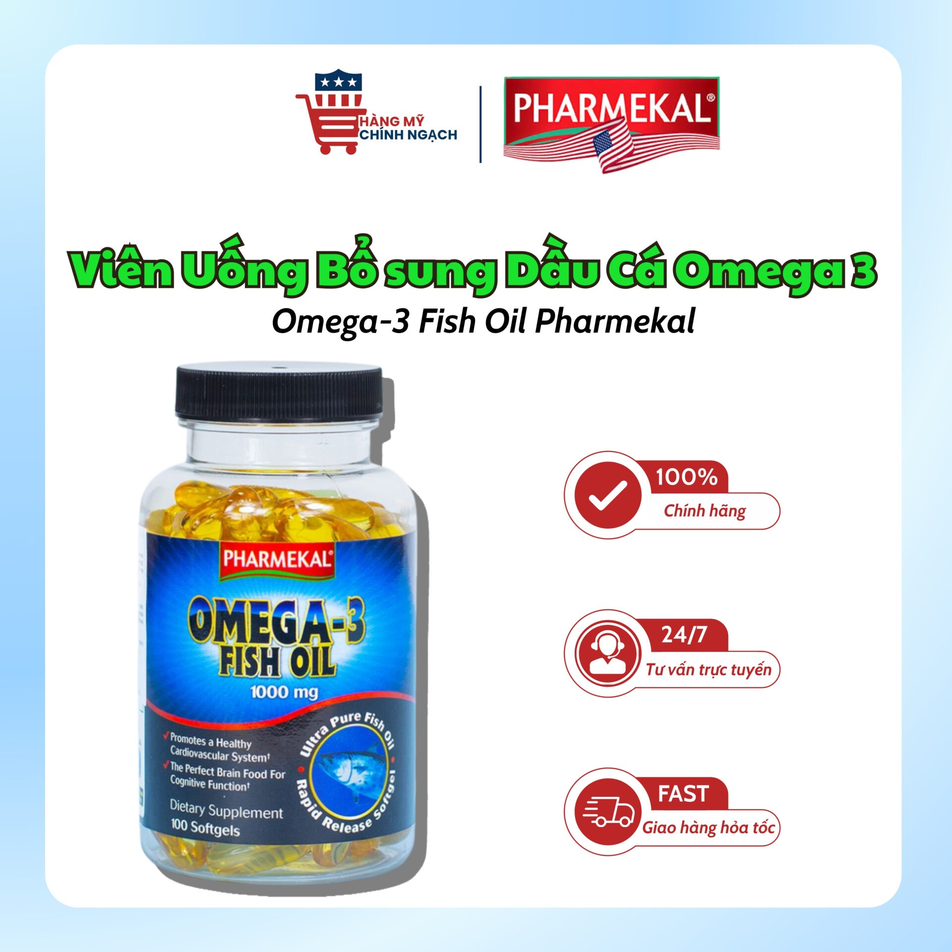 Viên Uống Dầu Cá Omega 3 Fish Oil 1000mg Pharmekal Mỹ Tăng Cường Tim Mạch, Trí Não (100 Viên)