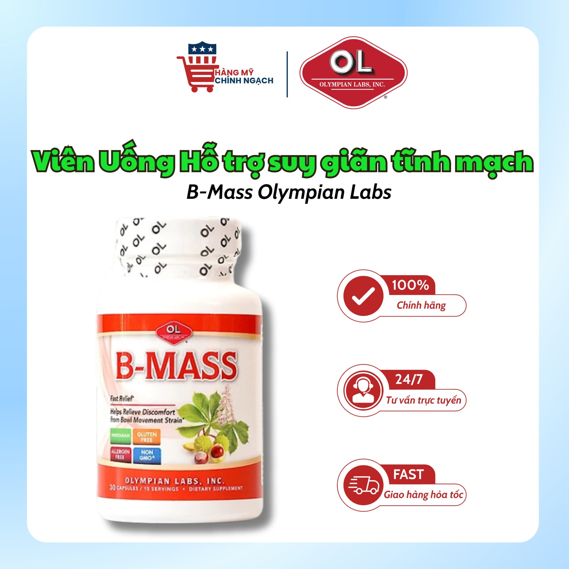 Viên Uống Hỗ Trợ Bệnh Trĩ Và Suy Giãn Tĩnh Mạch Olympian Labs B-Mass (30 Viên)