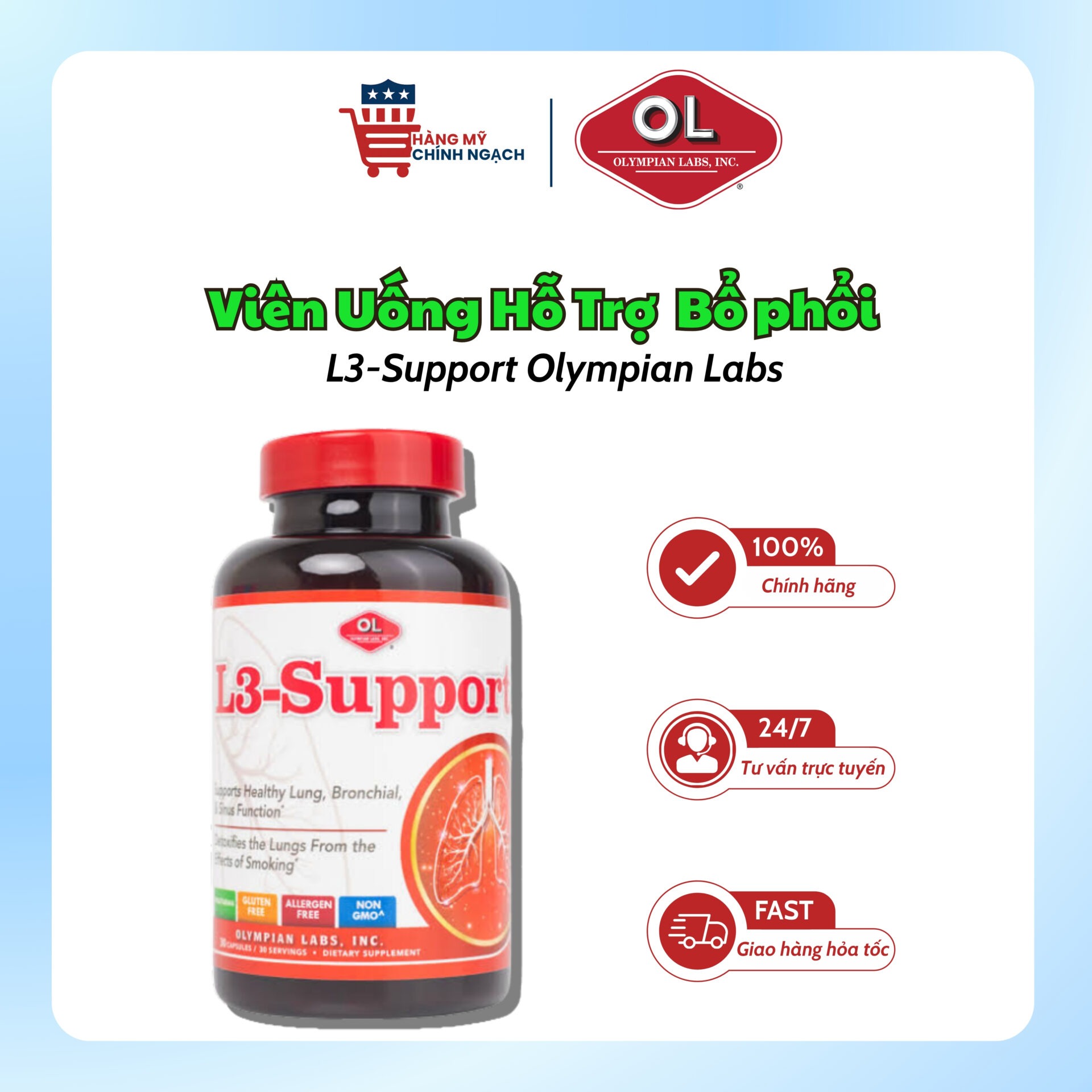 Viên Uống Hỗ Trợ Bổ Phổi Và Phế Quản Olympian Labs L3-Support (30 Viên)