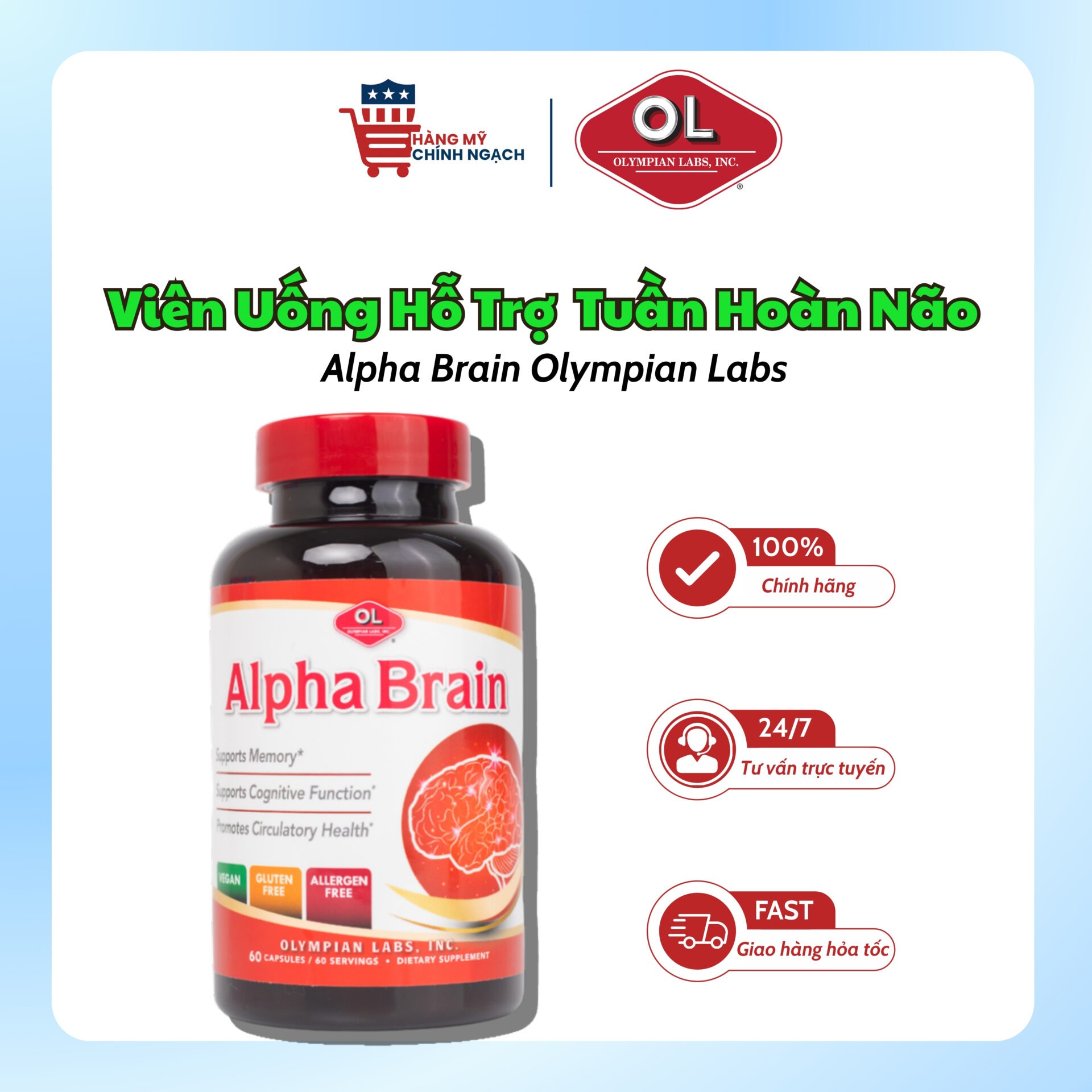 Viên Uống Hỗ Trợ Tuần Hoàn Não Olympian Labs Alpha Brain (60 Viên)